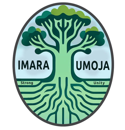 A tree with roots in a oblong circle says Imara Umoja, Strong Unity