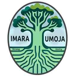 Imara Umoja logo, tree with deep roots in a oblong shaped motif . The words Imara and umoja on each side