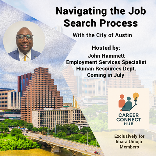  Flyer promoting a City of Austin job search workshop hosted by John Hammett, with a city skyline and Career Connect Hub logo. 