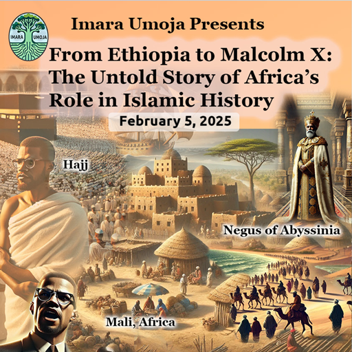  “From Ethiopia to Malcolm X” showing African contributions to Islamic history, with illustrations of historical scenes. 