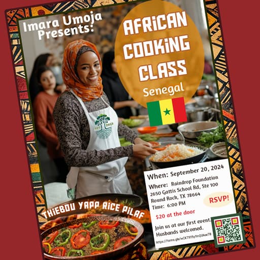  cooking class poster with jollof rice, lady wearing apron smiling at the camera.  