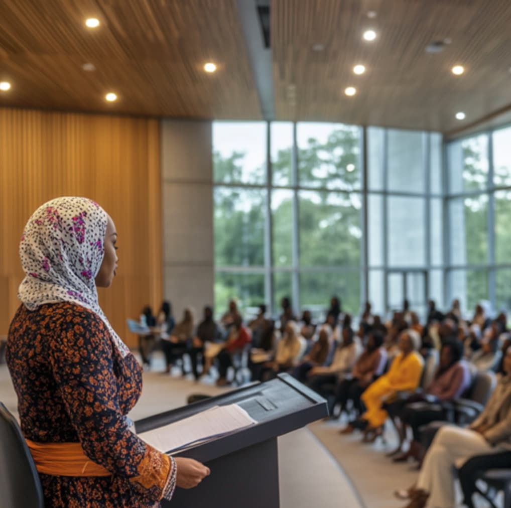  A woman in a patterned hijab speaks at a podium to a seated audience in a modern wellness center. 